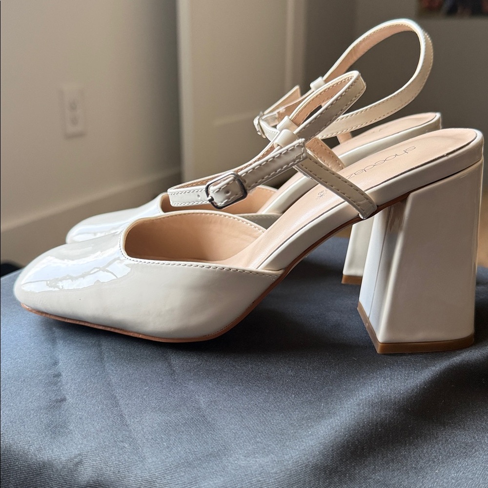 Shoe Dazzle White Block Heel Ankle-Strap Pumps